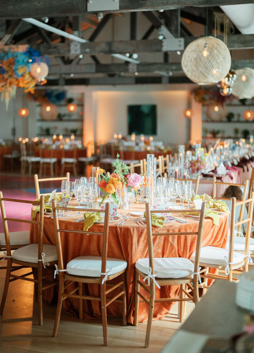 A mix of tables and color combinations made this art-inspired wedding reception truly unique.