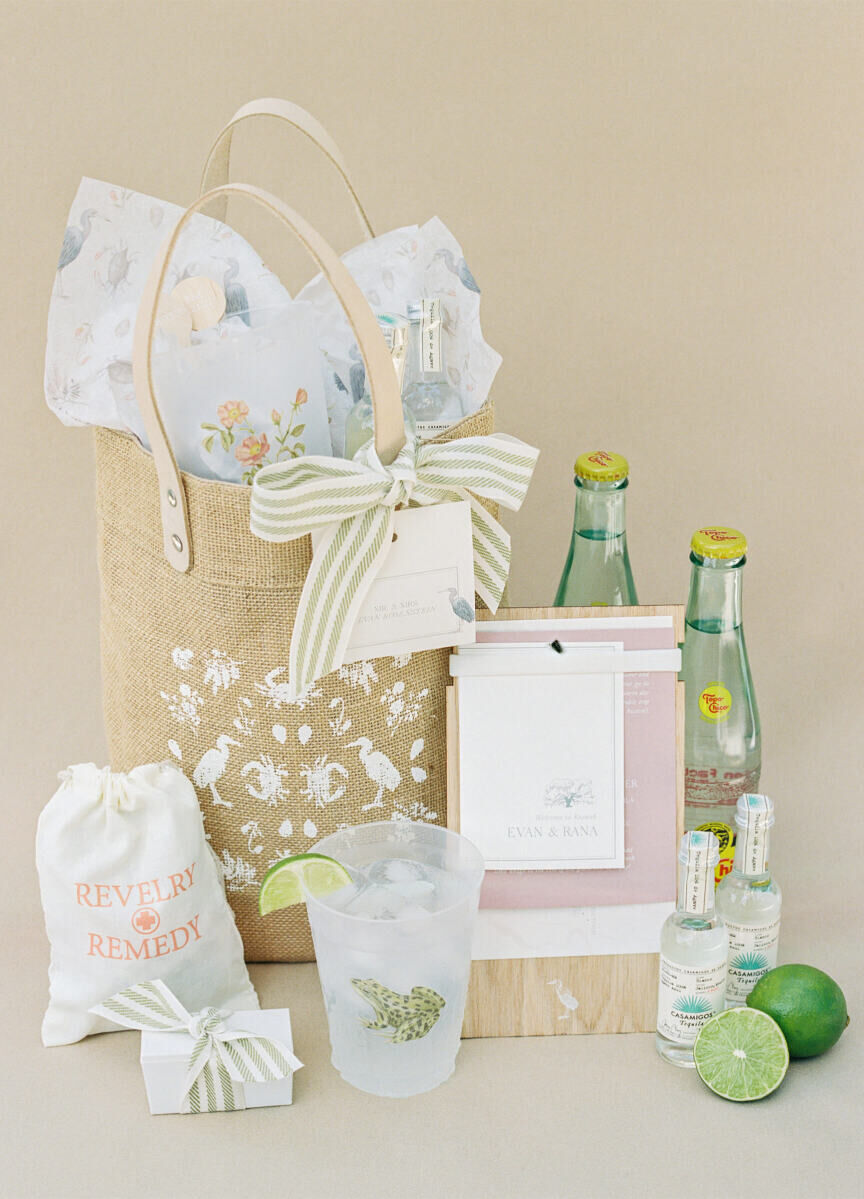 Guests arrived for an elegant spring wedding to a customized welcome bag that included a cocktail kit.