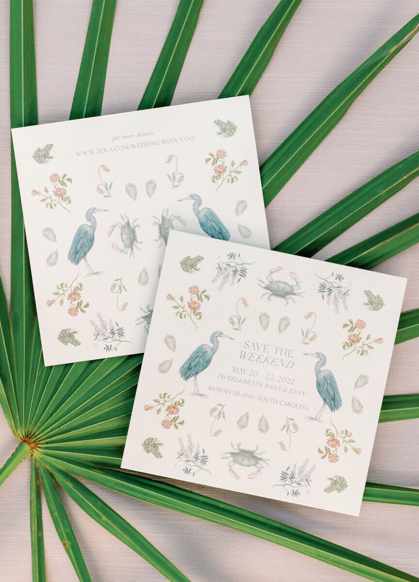 The save the dates for an elegant spring wedding incorporated elements of the lowcountry of South Carolina where the festivities took place, as well as other custom illustrations special to the bride and groom.